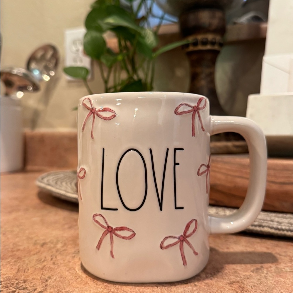Rae Dunn White Mug with Pink Bows and Love Text
